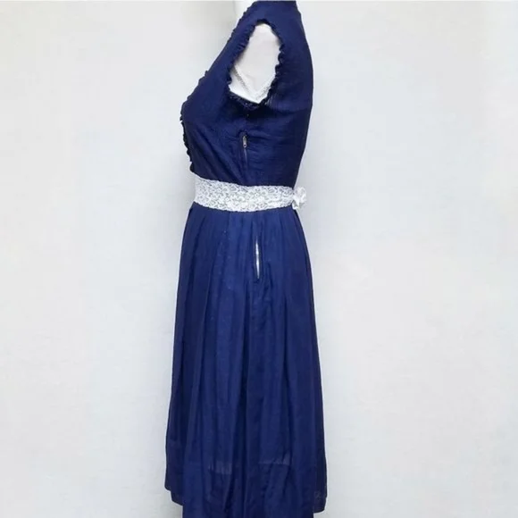 Rare Vintage 40s Glass Original Blue Ruffle Cotton Voile Tie-Waist A-line Dress - Picture 8 of 11